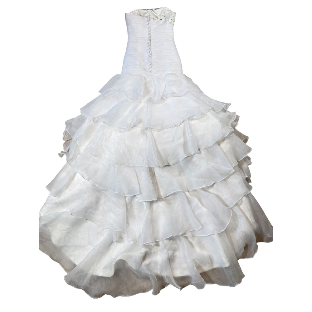 Organza Wedding Gown Women Size 4 White Beaded Ruffle Mermaid Strapless - Picture 5 of 16